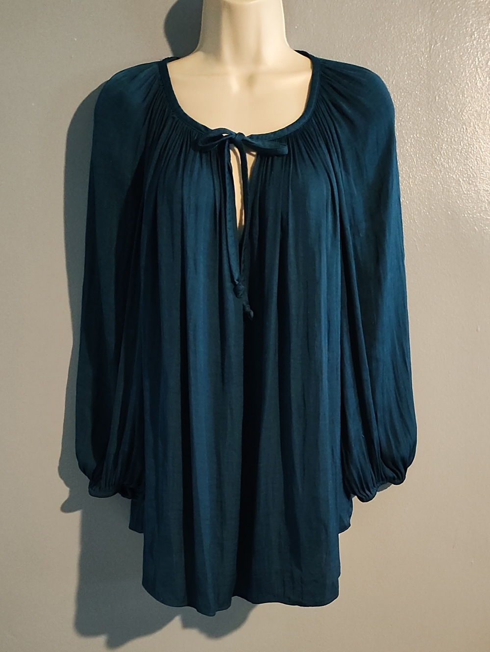 Jennifer Lopez's Flowy Teal Peasant Tie-Neck Tunic - Women Tops